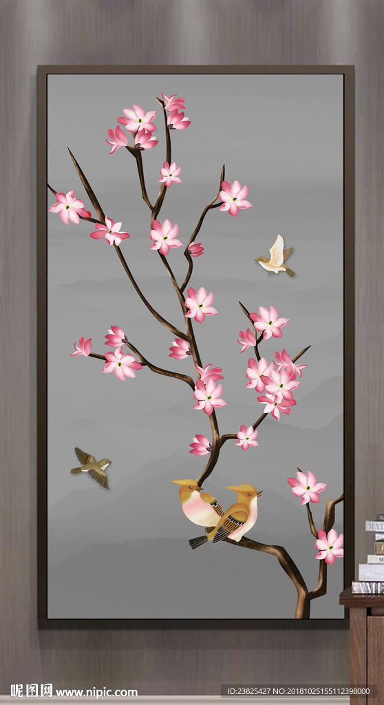新中式玉兰花鸟玄关背景墙