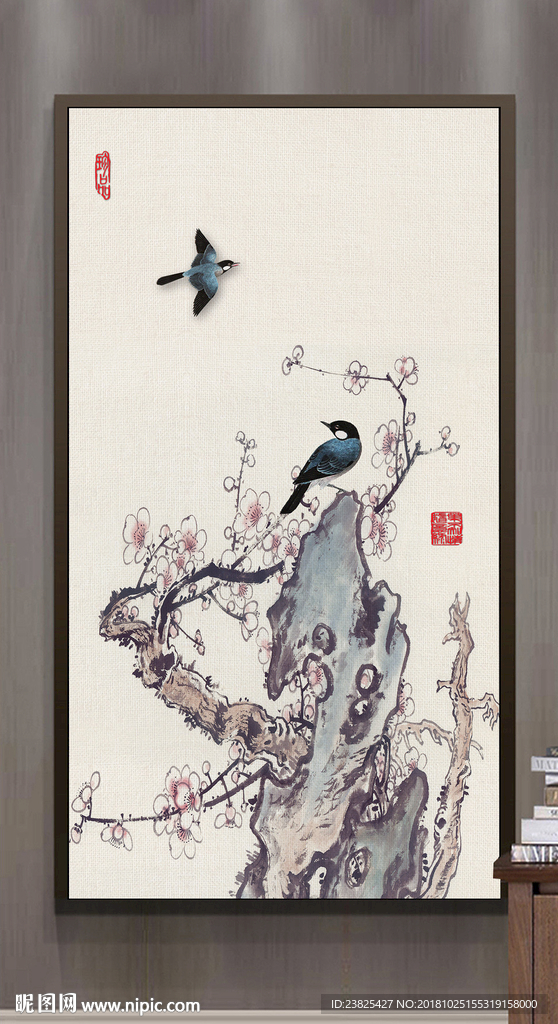 新中式手绘梅花山水玄关背景墙