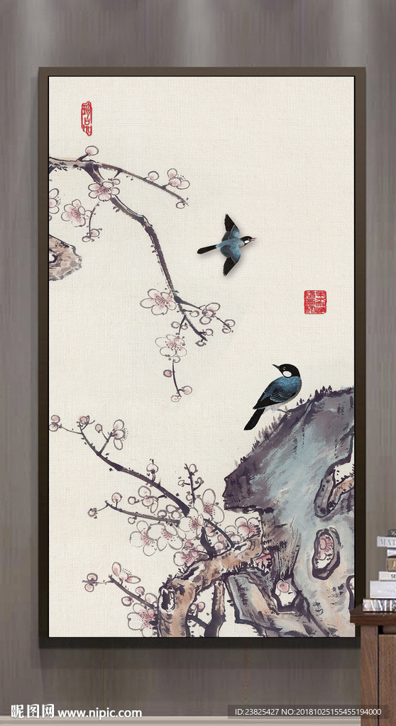 新中式手绘梅花山水玄关背景墙