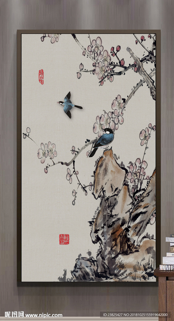 新中式手绘工笔梅花玄关背景墙
