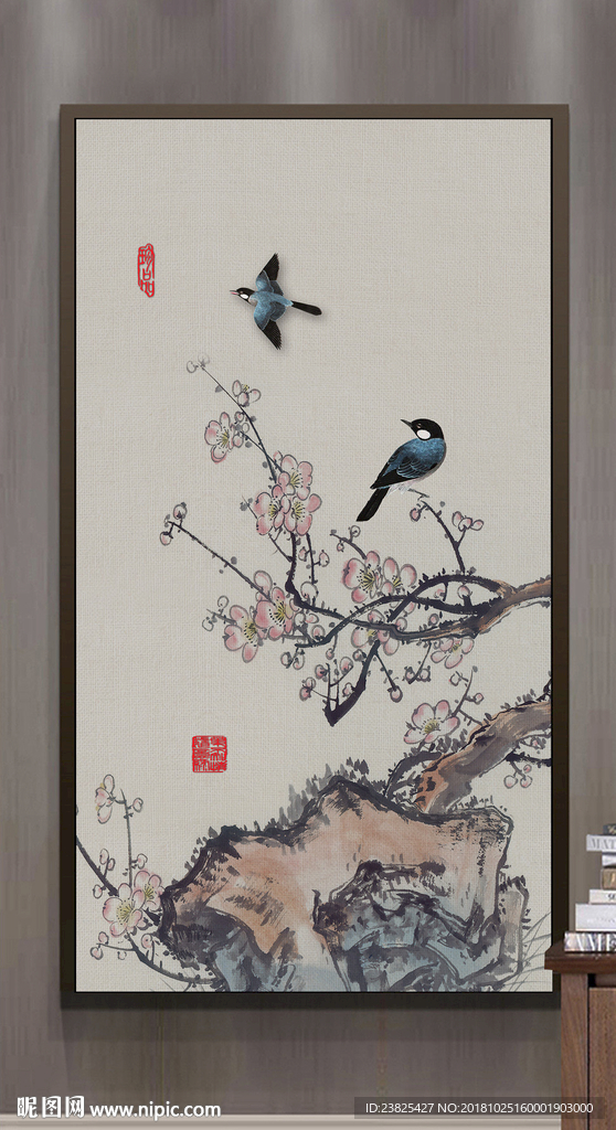 新中式手绘工笔花鸟玄关背景墙