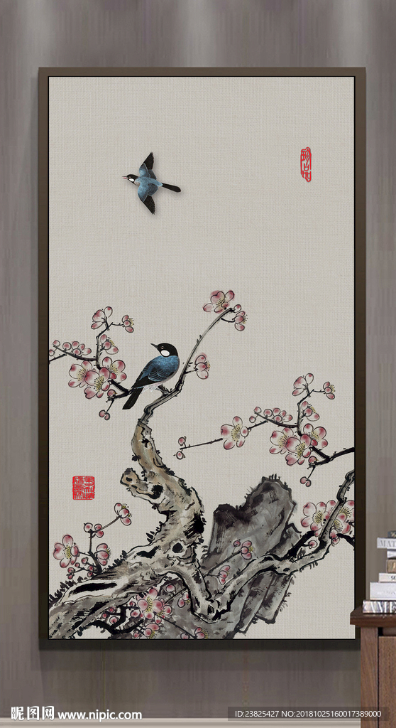 新中式手绘工笔花鸟玄关背景墙