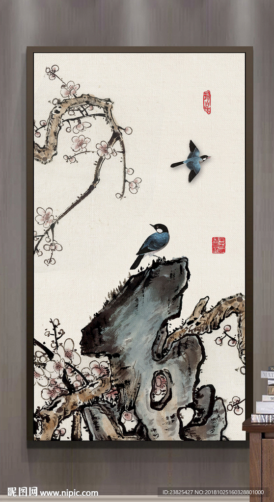 新中式手绘工笔梅花玄关背景墙