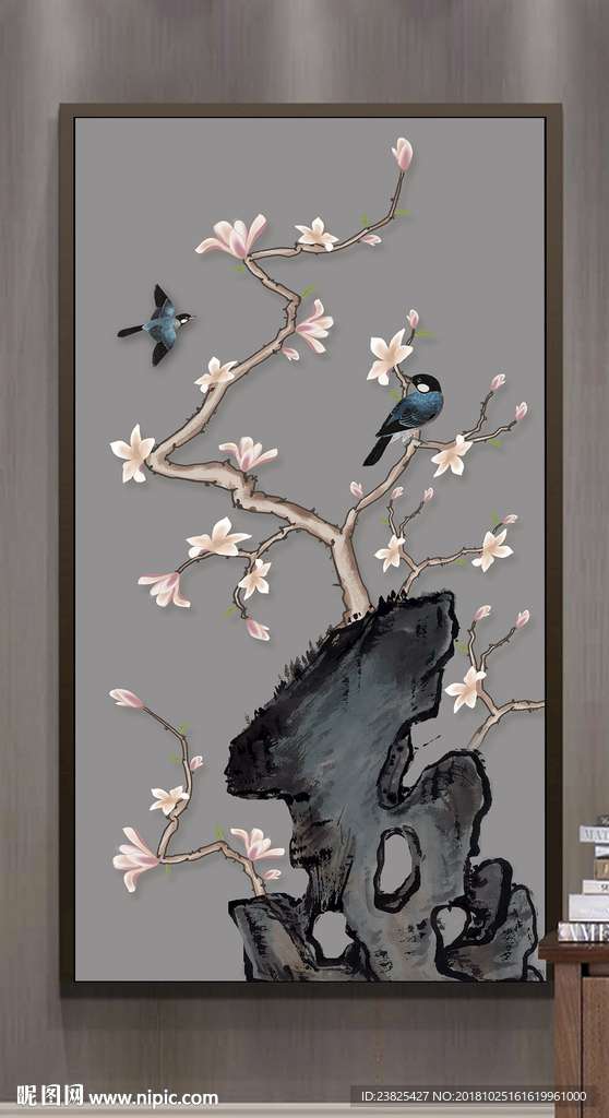 新中式手绘工笔玉兰花鸟玄关背景