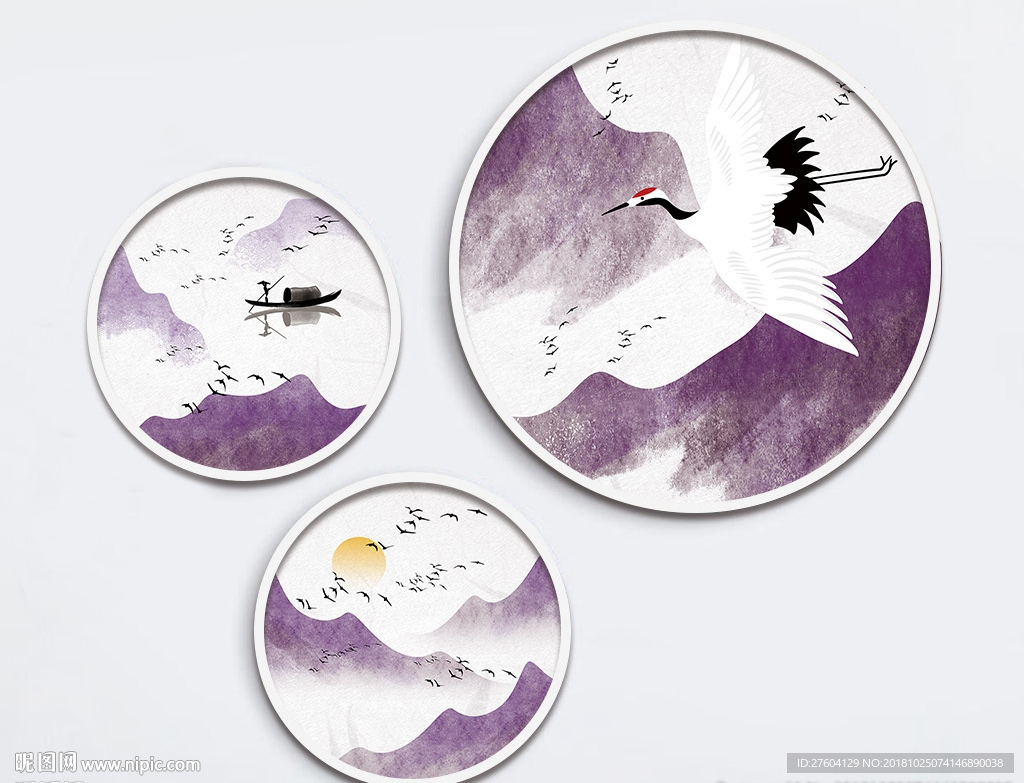 中式水墨水彩山水仙鹤装饰画