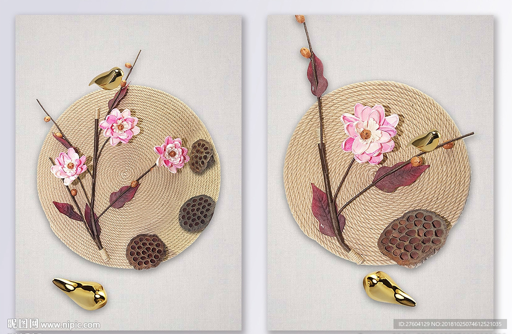 中式立体浮雕花鸟二联装饰画