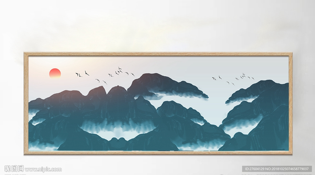 中式蓝色唯美山水风景装饰画