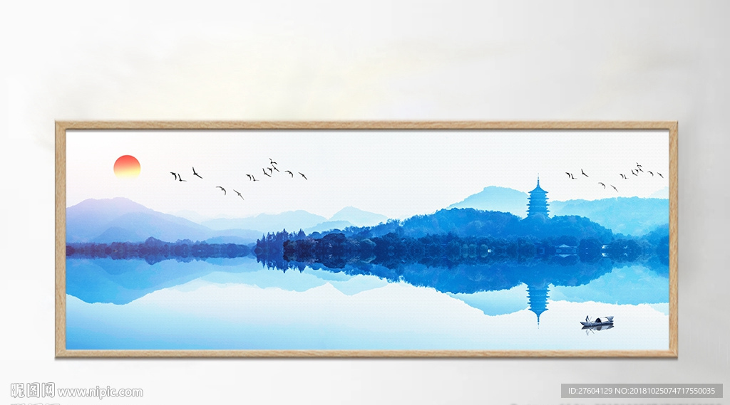 中式蓝色风景山水画装饰画