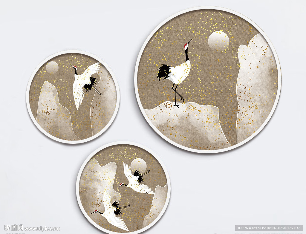 淡雅手绘水墨仙鹤山水装饰画