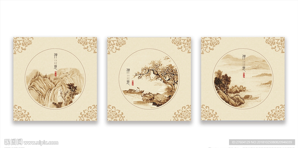 水墨中国风正方形山水花纹装饰画