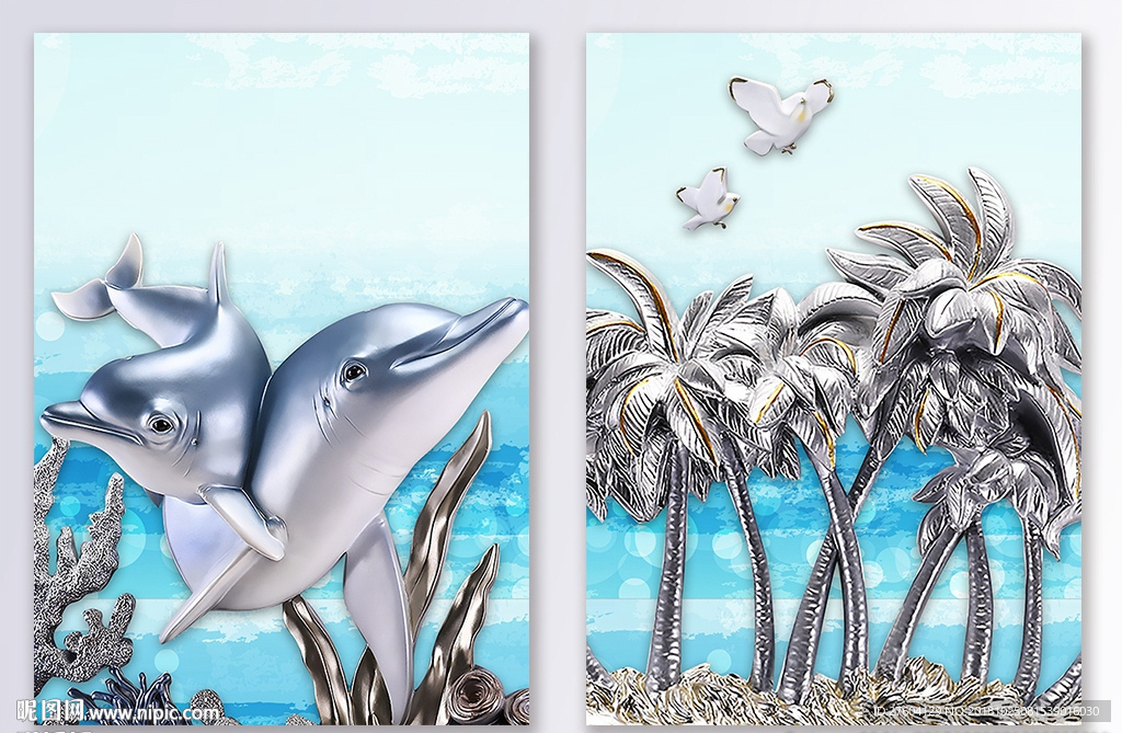 海豚椰树浮雕装饰画