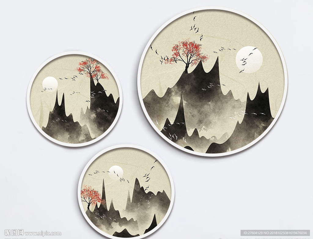 淡雅水墨手绘意境山水装饰画