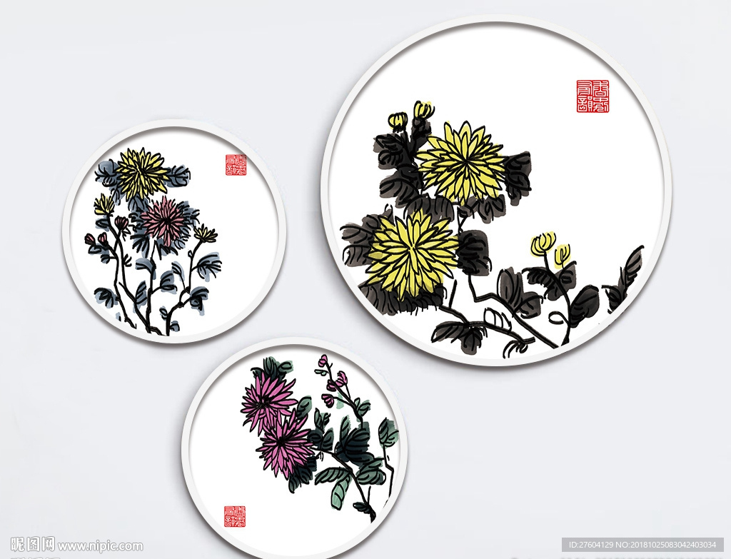 中国风手绘水墨淡彩菊花装饰画