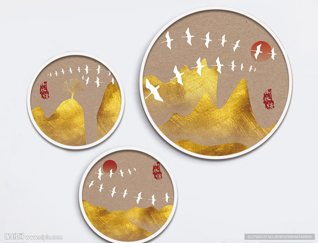 金色金箔质感山水飞鸟装饰画