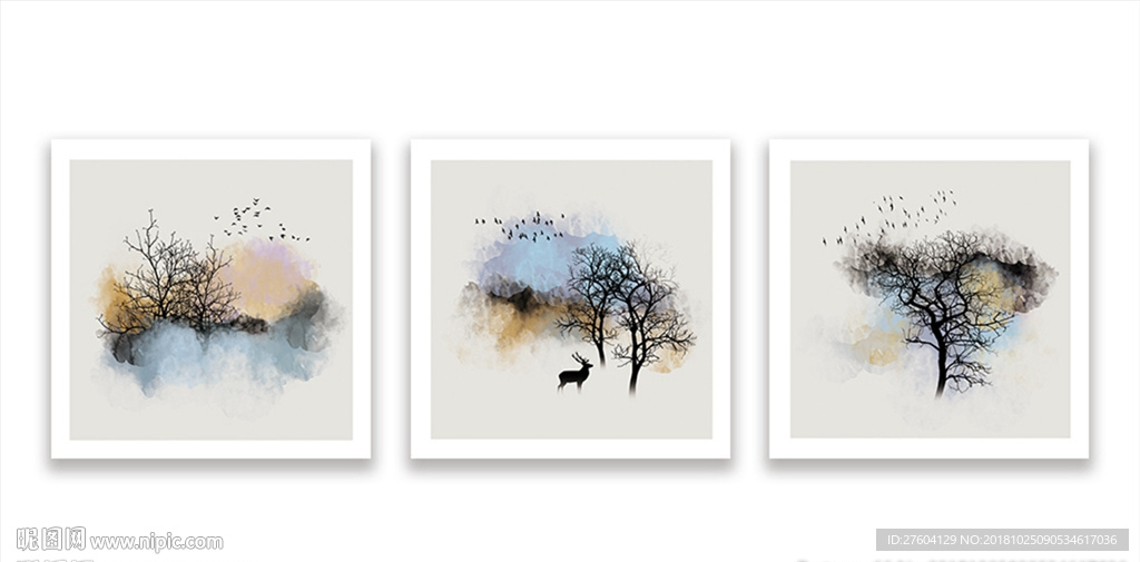 现代手绘抽象淡彩风景装饰画