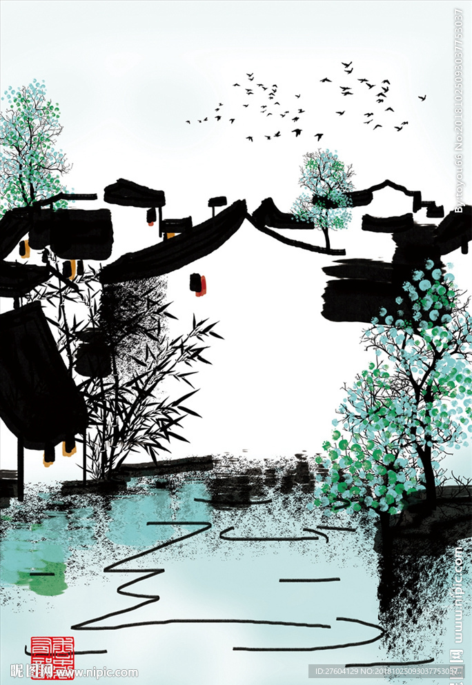 中国风淡彩江南风景装饰画
