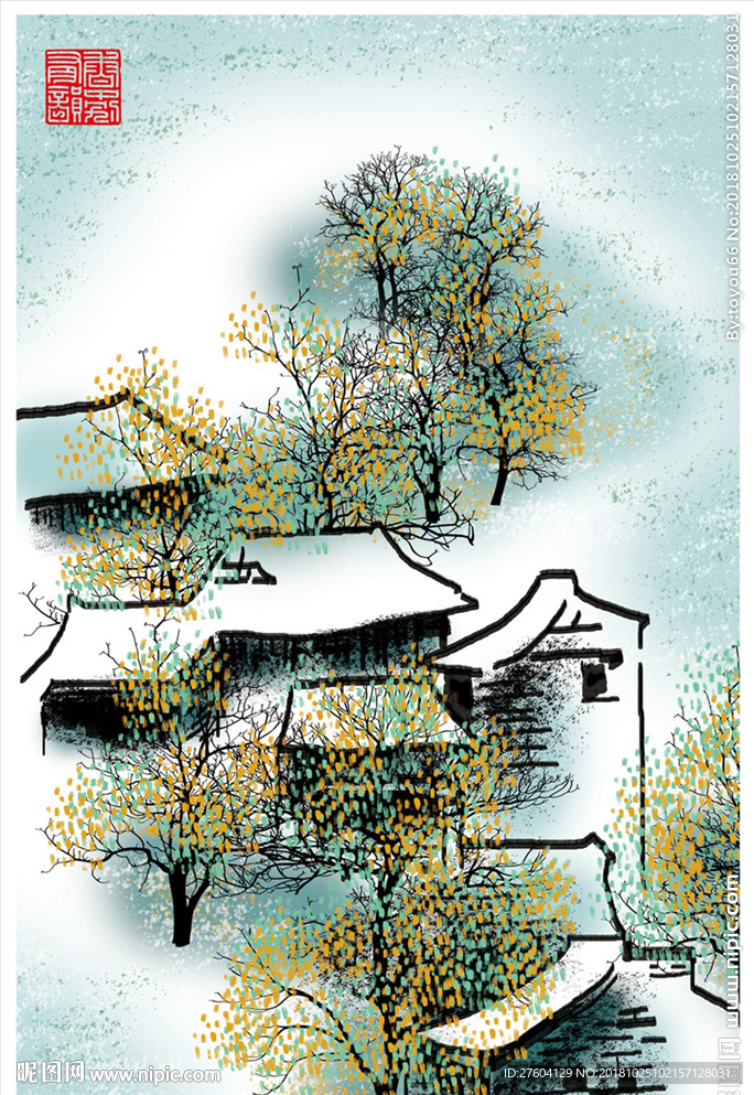 水墨淡彩民俗风景创意装饰画