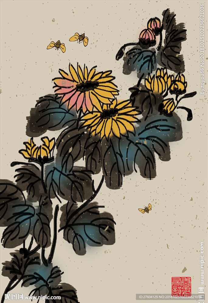 中国风水墨淡彩花卉植物装饰画
