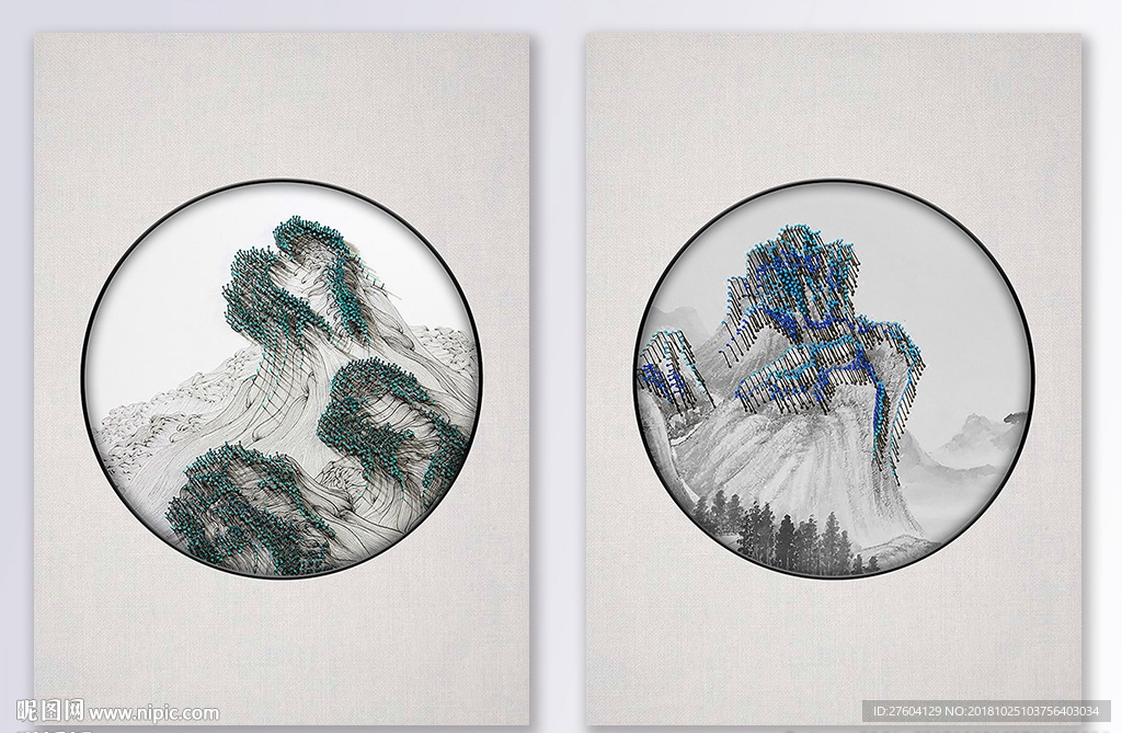 中国风浮雕山水二联装饰画