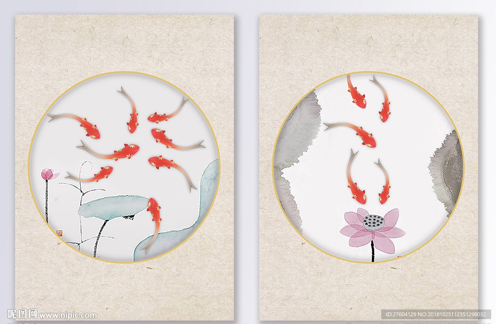 水墨荷花九鱼图浮雕装饰画