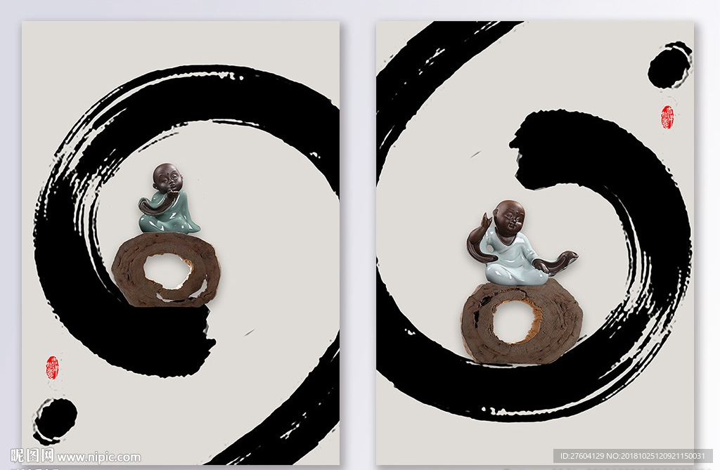 水墨禅意立体和尚装饰画