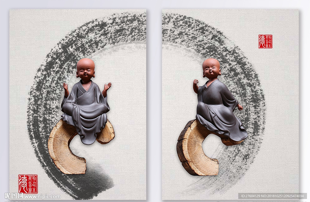 水墨禅意立体小和尚装饰画