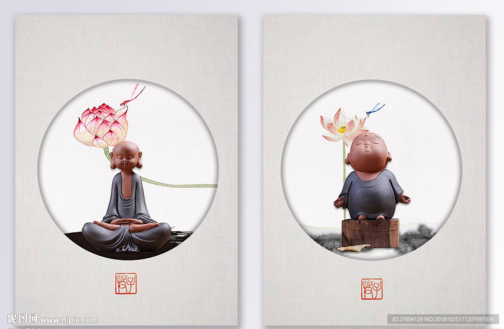 新中式禅意立体实物小和尚装饰画