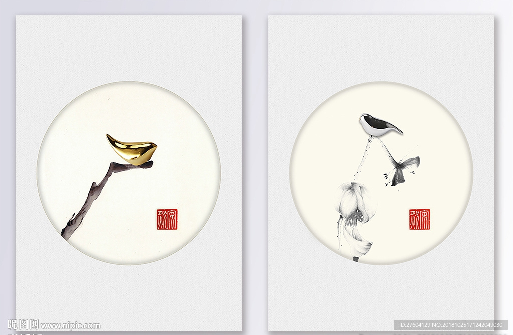 新中式禅意浮雕金色小鸟装饰画