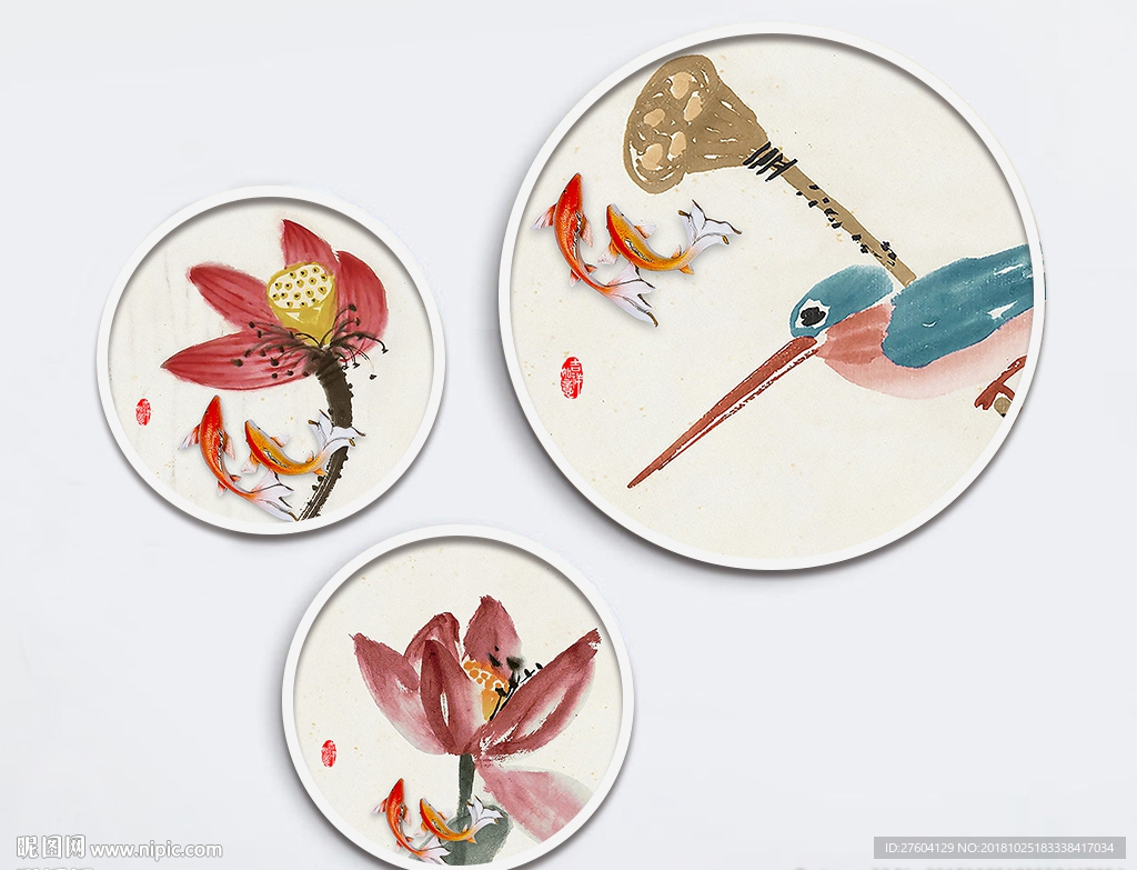 水墨手绘荷花鲤鱼装饰画