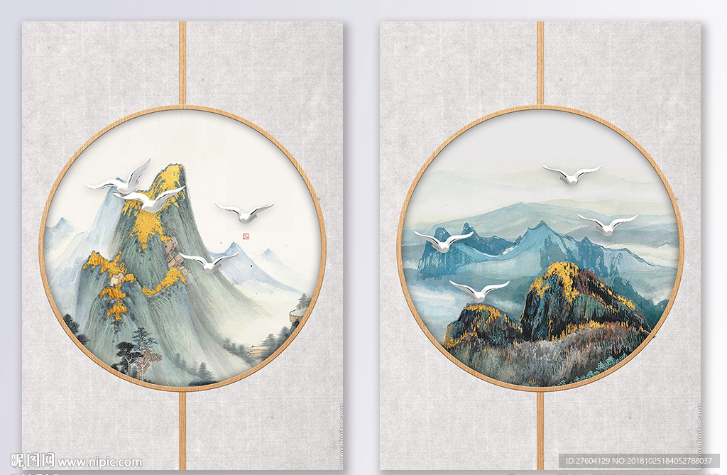 手绘水墨山水飞鸟二联装饰画