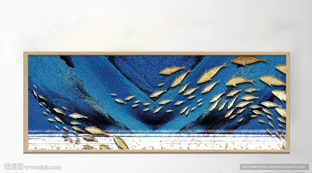 抽象质感纹理蓝色蓝金鱼群装饰画
