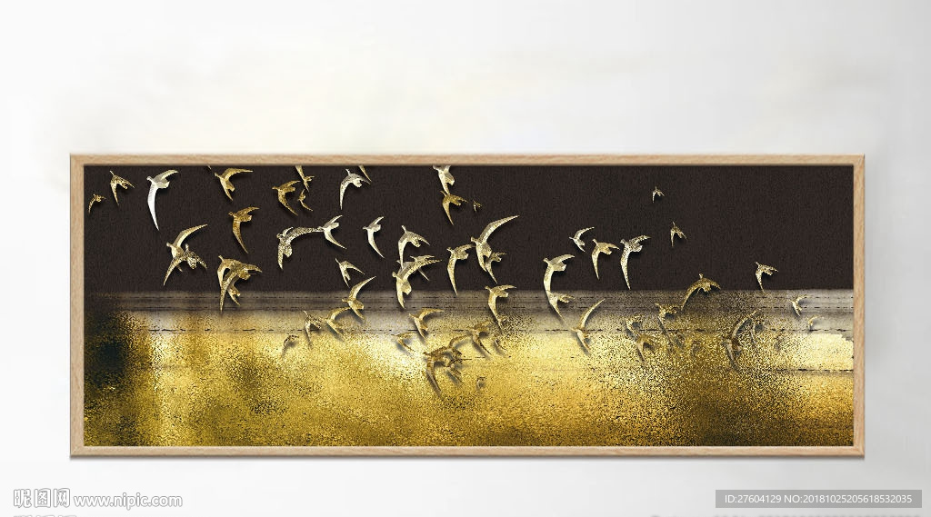 抽象黑金质感抽象山水飞鸟装饰画