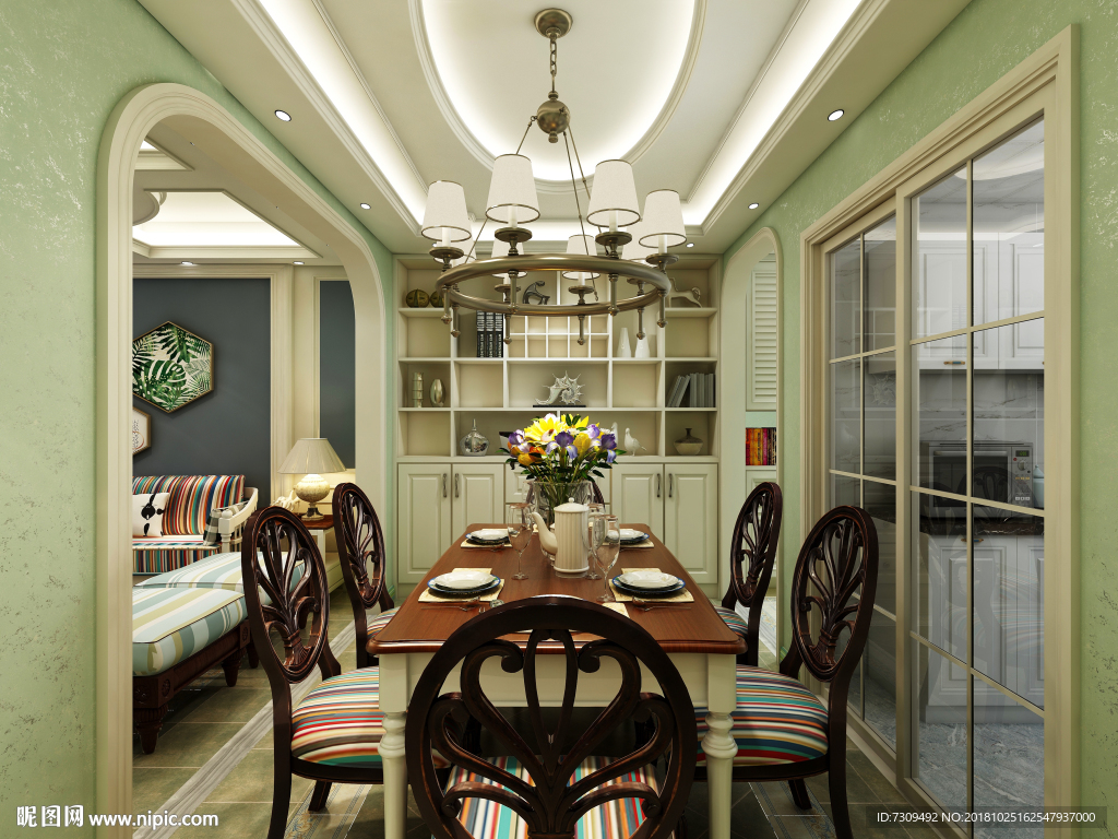 美式田园风格客餐厅装修效果图