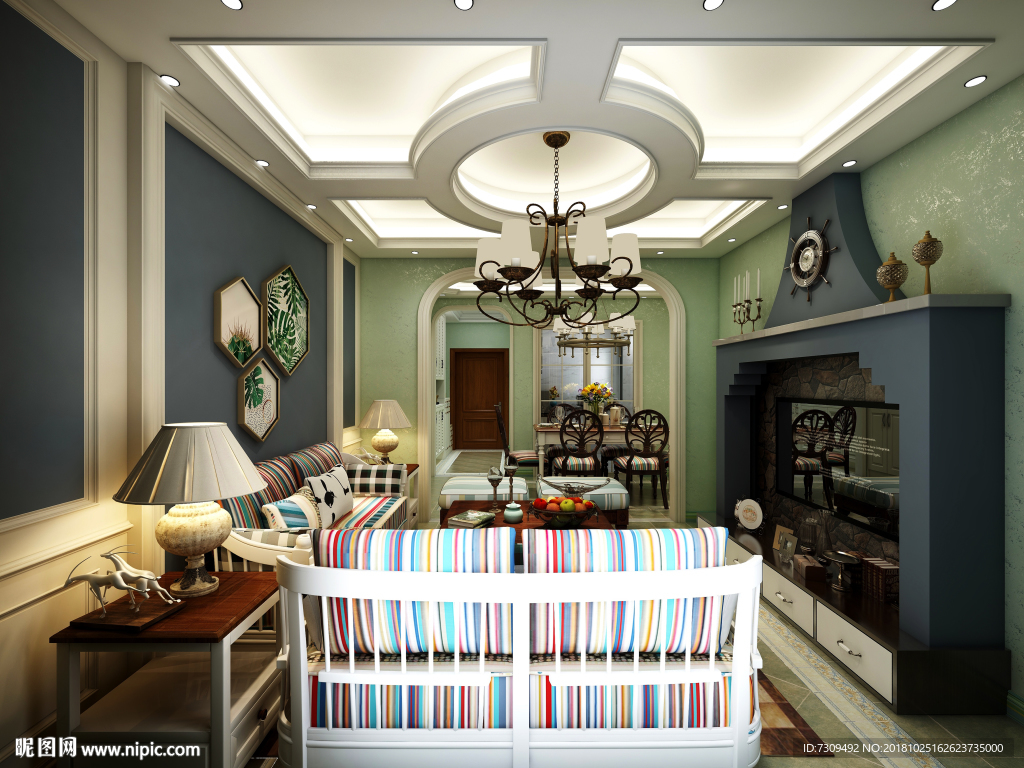 美式田园风格客餐厅装修效果图