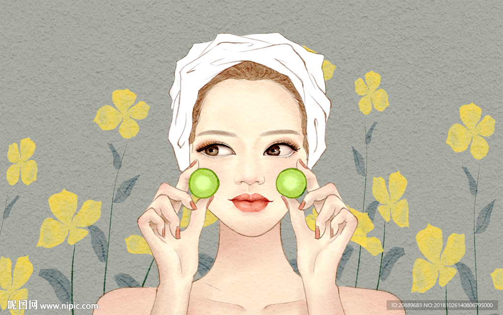 插画 美容 护肤品 美女 女性