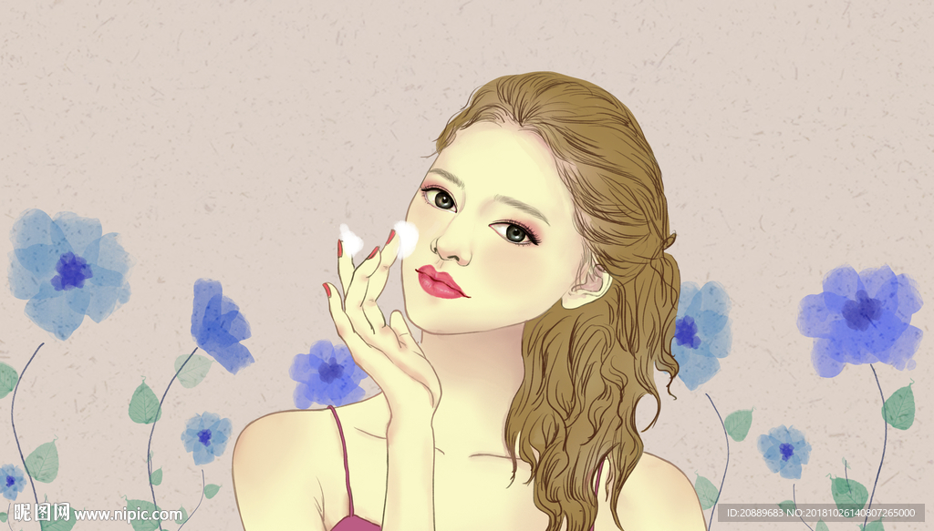 插画 美容 护肤品 美女 女性