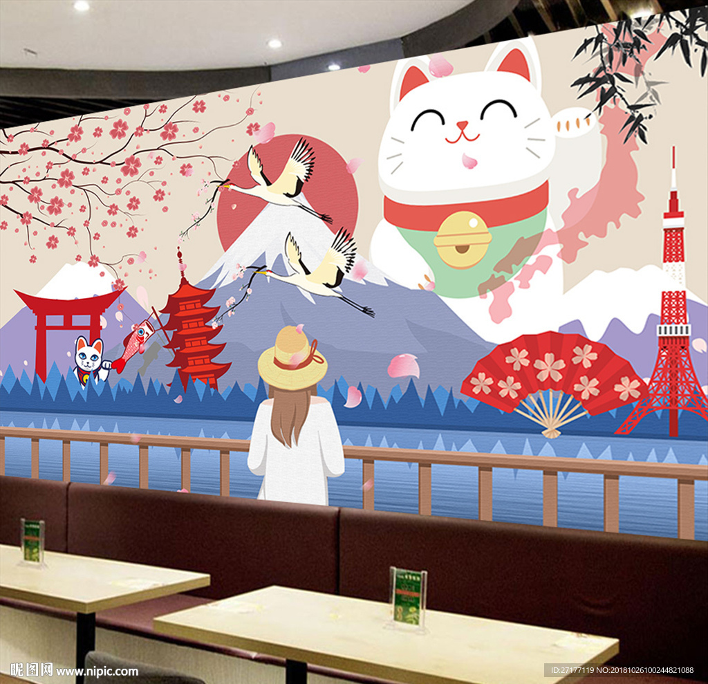 唯美和风寿司店背景墙