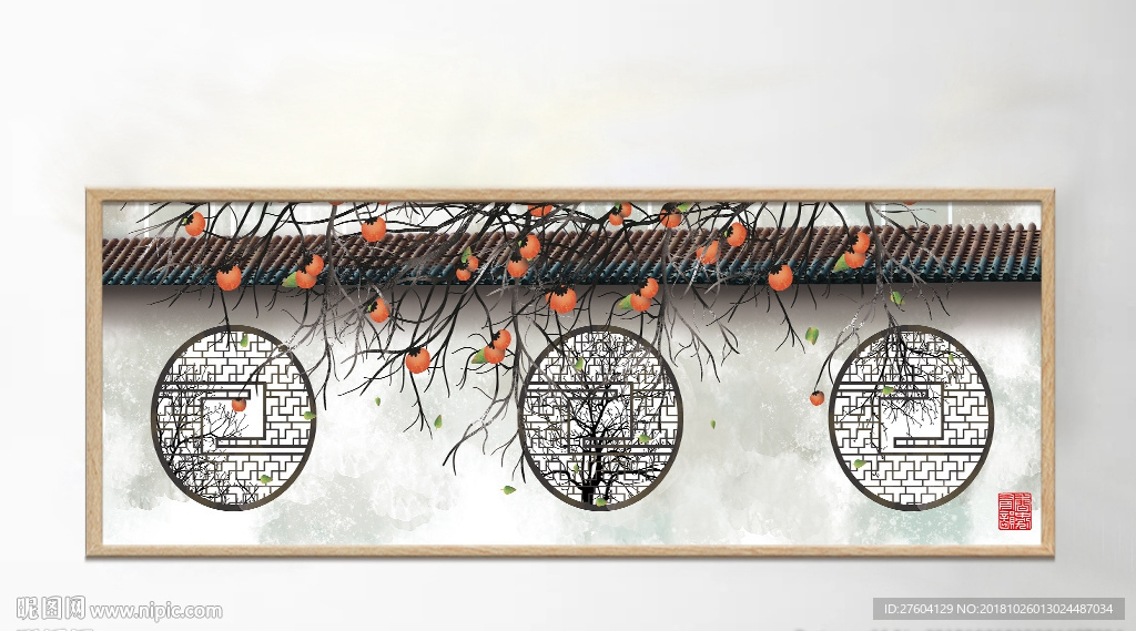 中国风水墨淡彩民俗风景装饰画