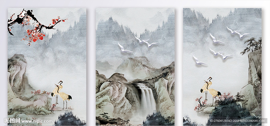 中国风山水仙鹤装饰画