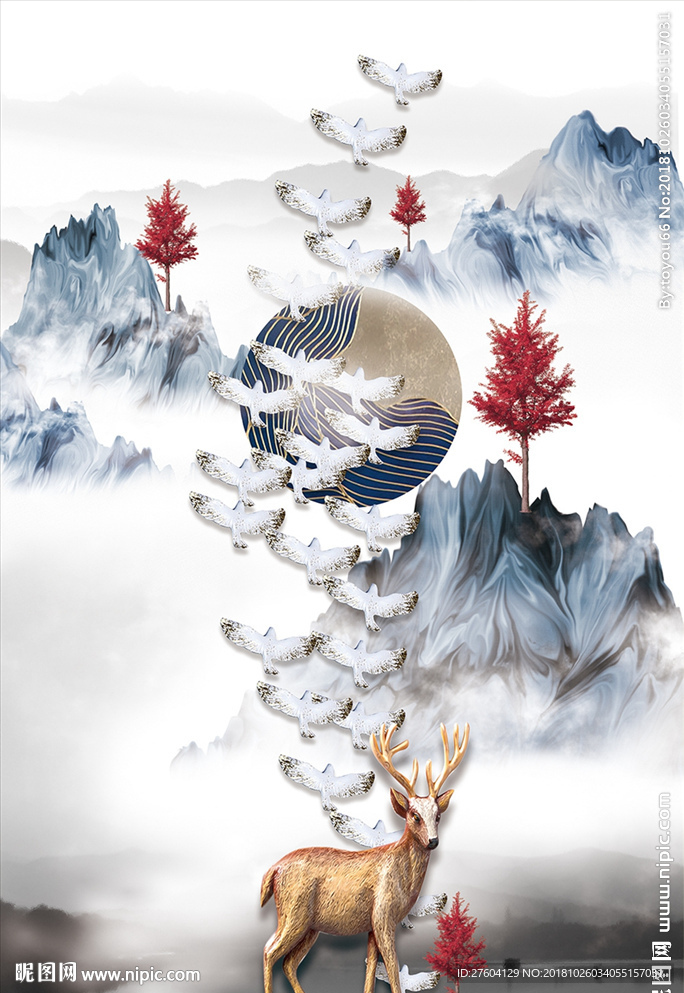 意境山水飞鸟麋鹿装饰画
