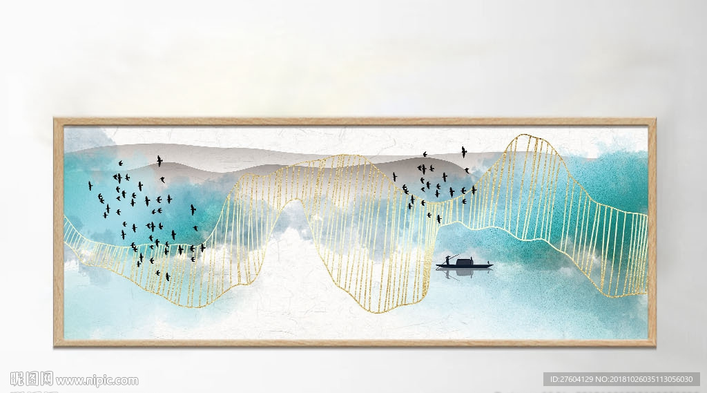 蓝色蓝金质感山水意境装饰画