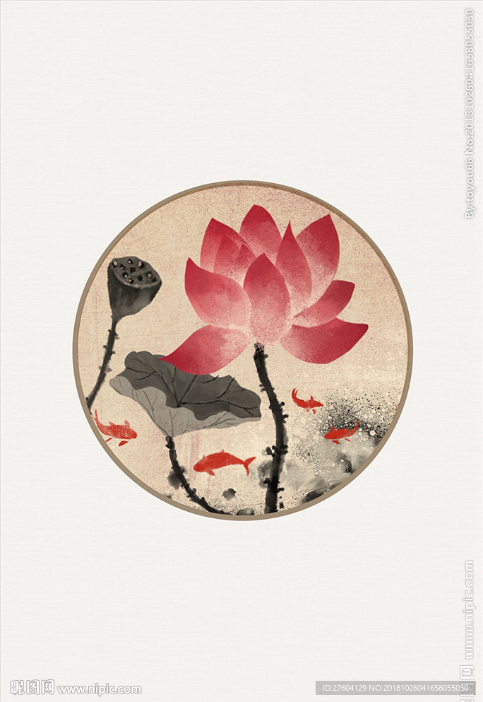 中式典雅风格红色莲花装饰画