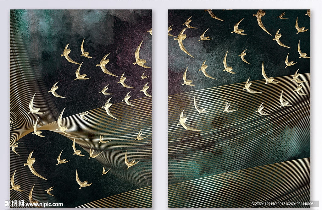 抽象线条黑金意境山水飞鸟装饰画