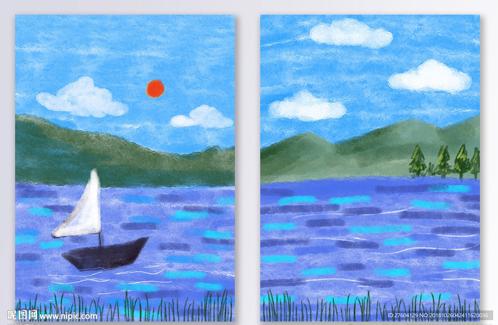 小清新蓝天白云湖泊船装饰画