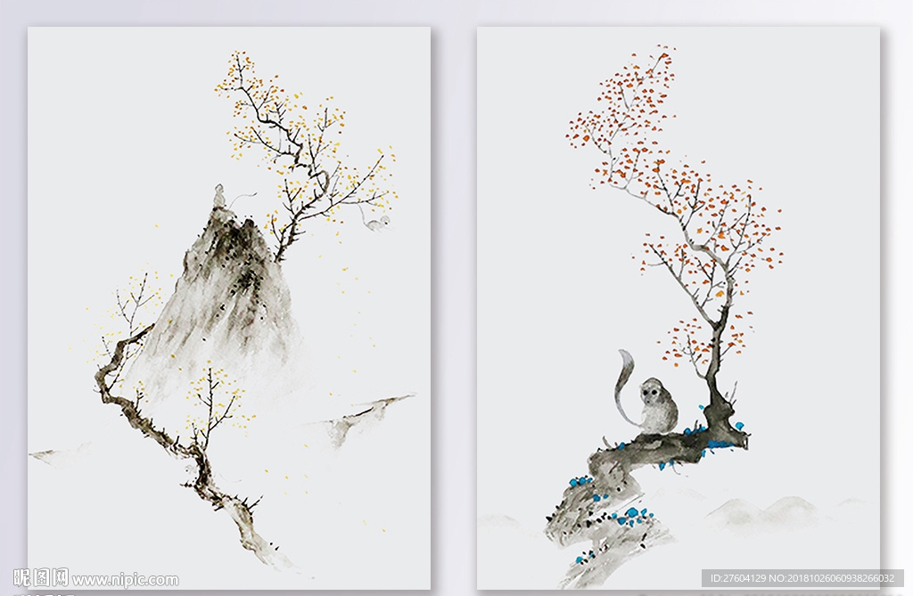 中国风水墨手绘桃花树山水装饰画