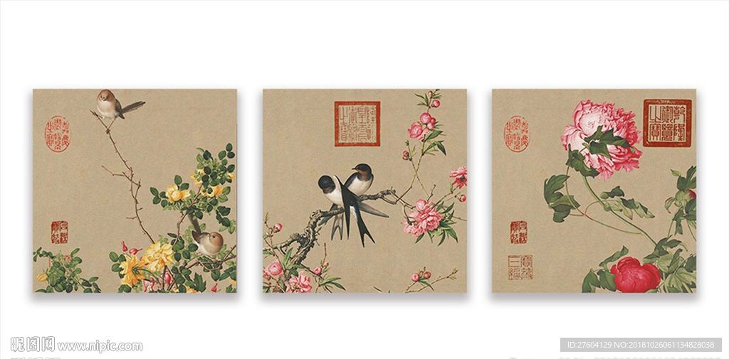 中国风水墨手绘花鸟工笔装饰画