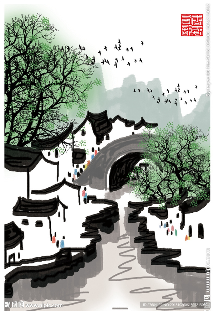 中国风水墨风俗淡彩风景装饰画