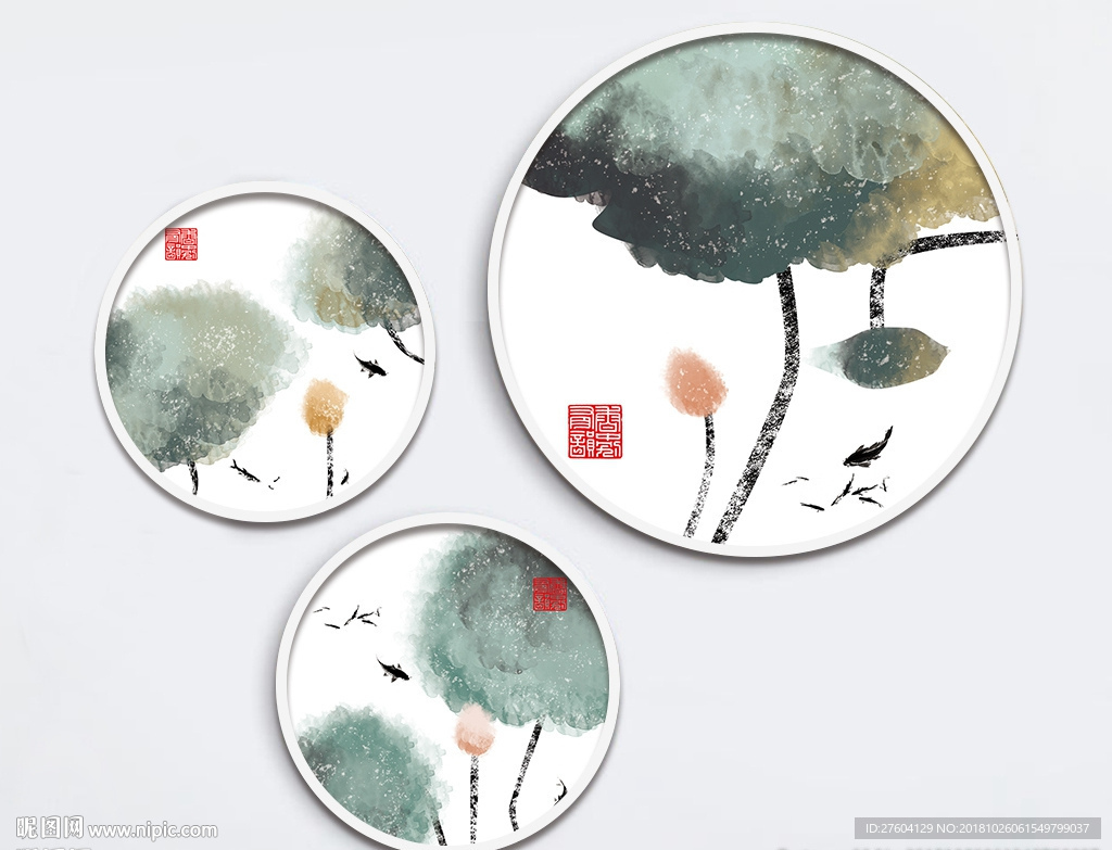 中国风水墨淡彩植物装饰画
