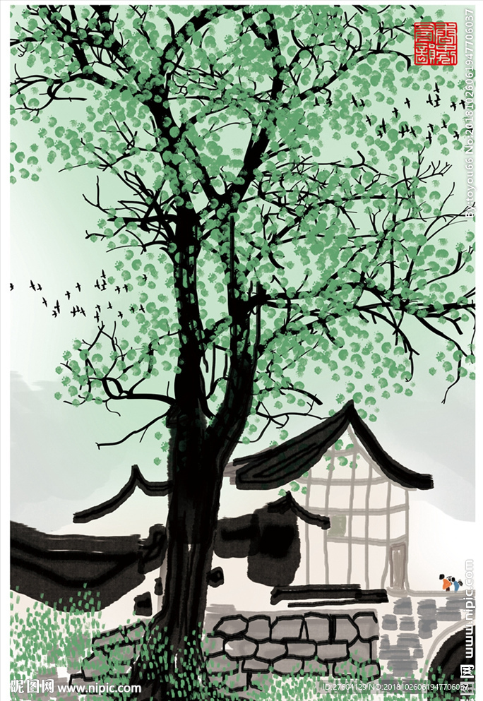 中国风水墨淡彩民俗风景装饰画