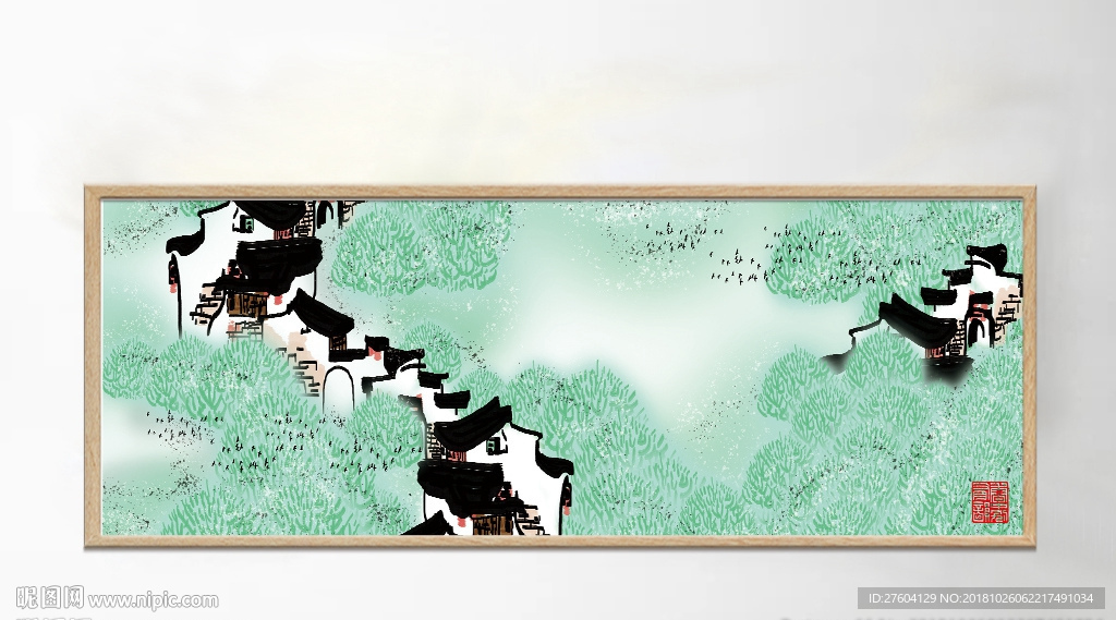 中国风水墨淡彩民俗风景装饰画